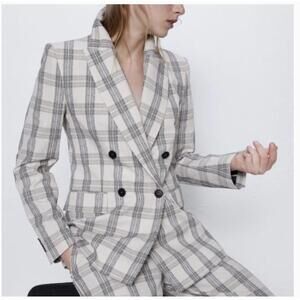 ZARA Plaid Double-Breasted Blazer | Oversized Check Jacket | 70s Revival Size S